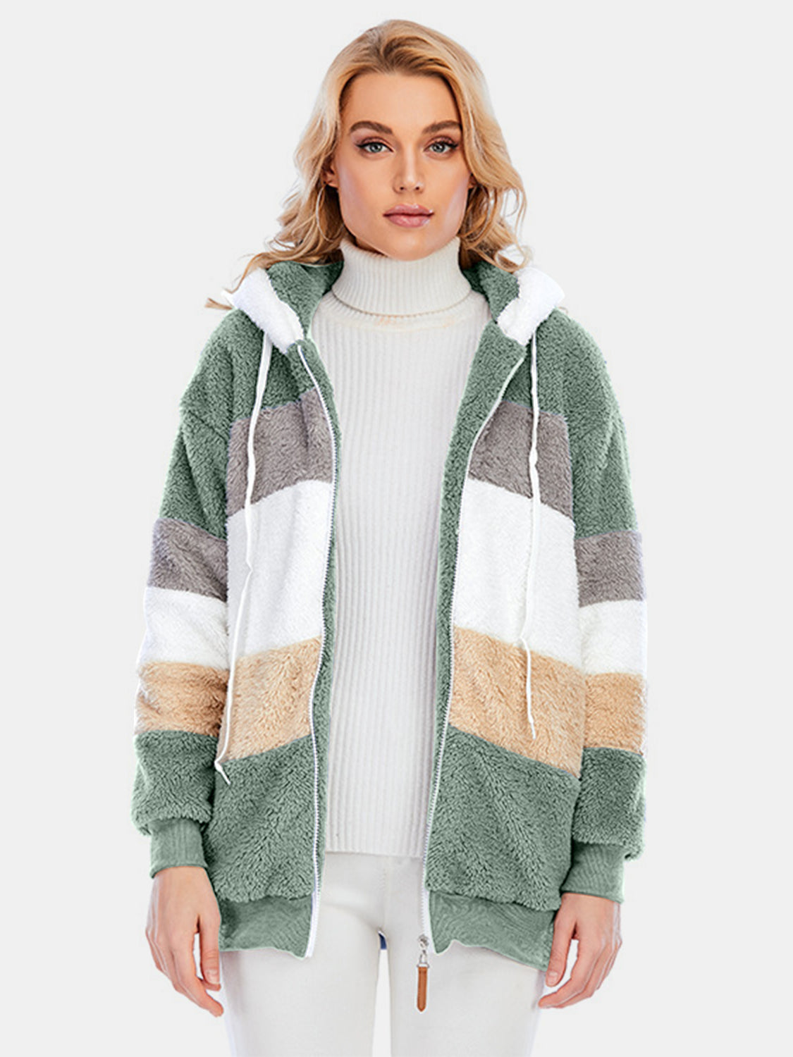 Full Size Drawstring Color Block Zip Up Hooded Outerwear-Angel Casuals