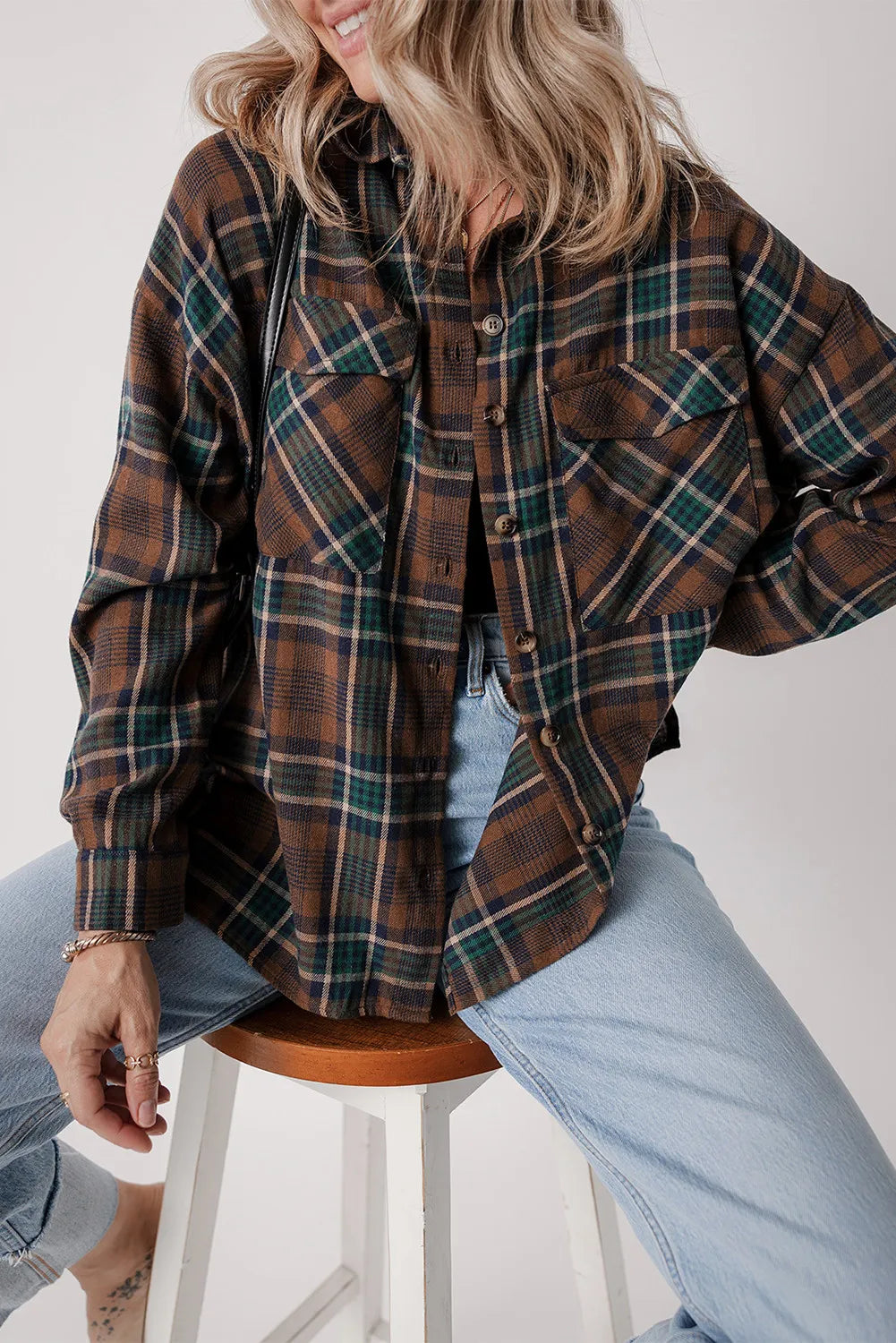 Plaid Button Up Long Sleeve Jacket-Angel Casuals