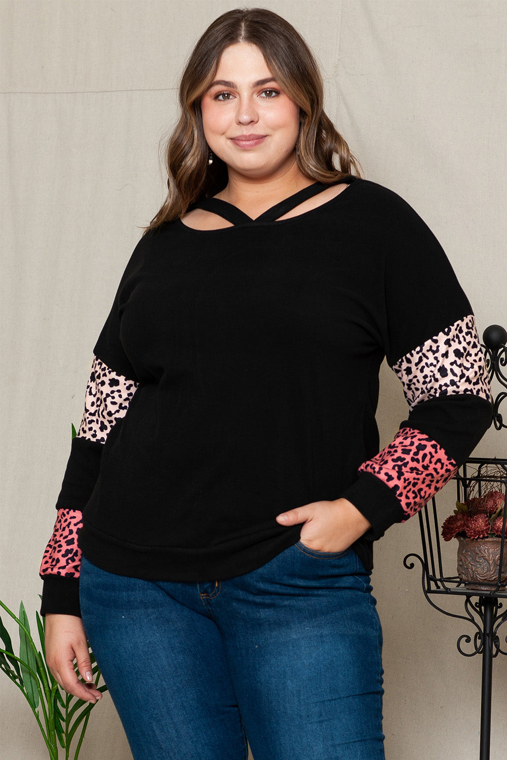 Plus Size Leopard Dropped Shoulder Long Sleeve T-Shirt-Angel Casuals