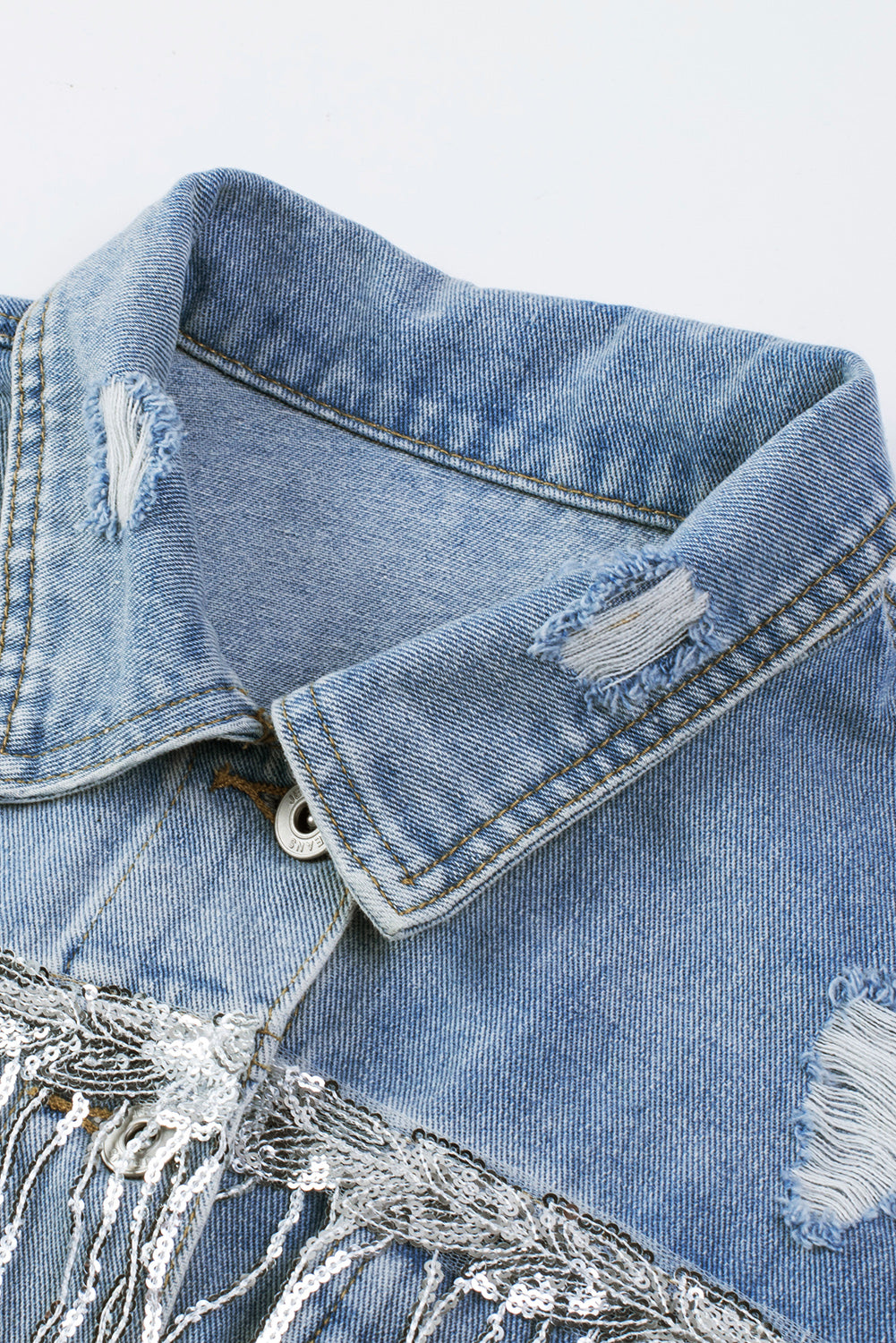 Sequin Fringe Trim Distressed Button Up Denim Jacket-Angel Casuals