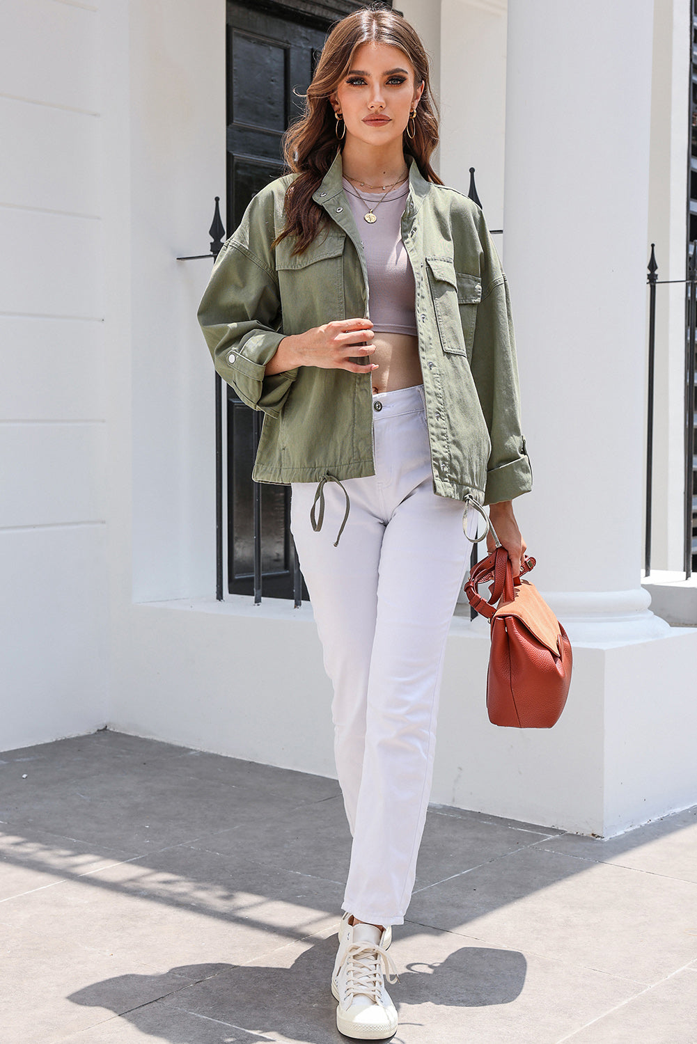 Drawstring Snap Down Dropped Shoulder Denim Jacket-Angel Casuals