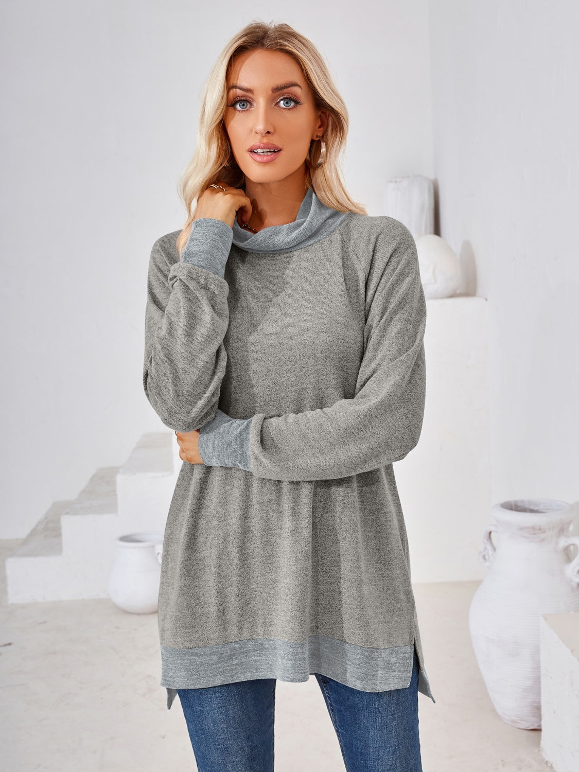 Contrast Mock Neck Long Sleeve T-Shirt-Angel Casuals