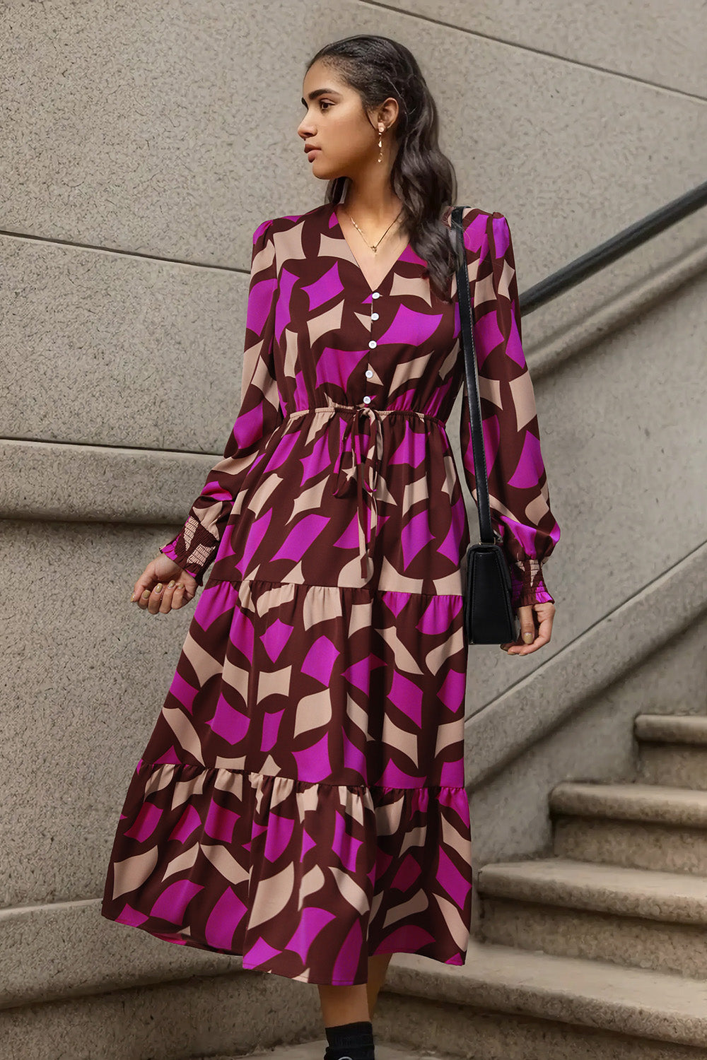Printed Tied Pocketed Lantern Sleeve Dress-Angel Casuals