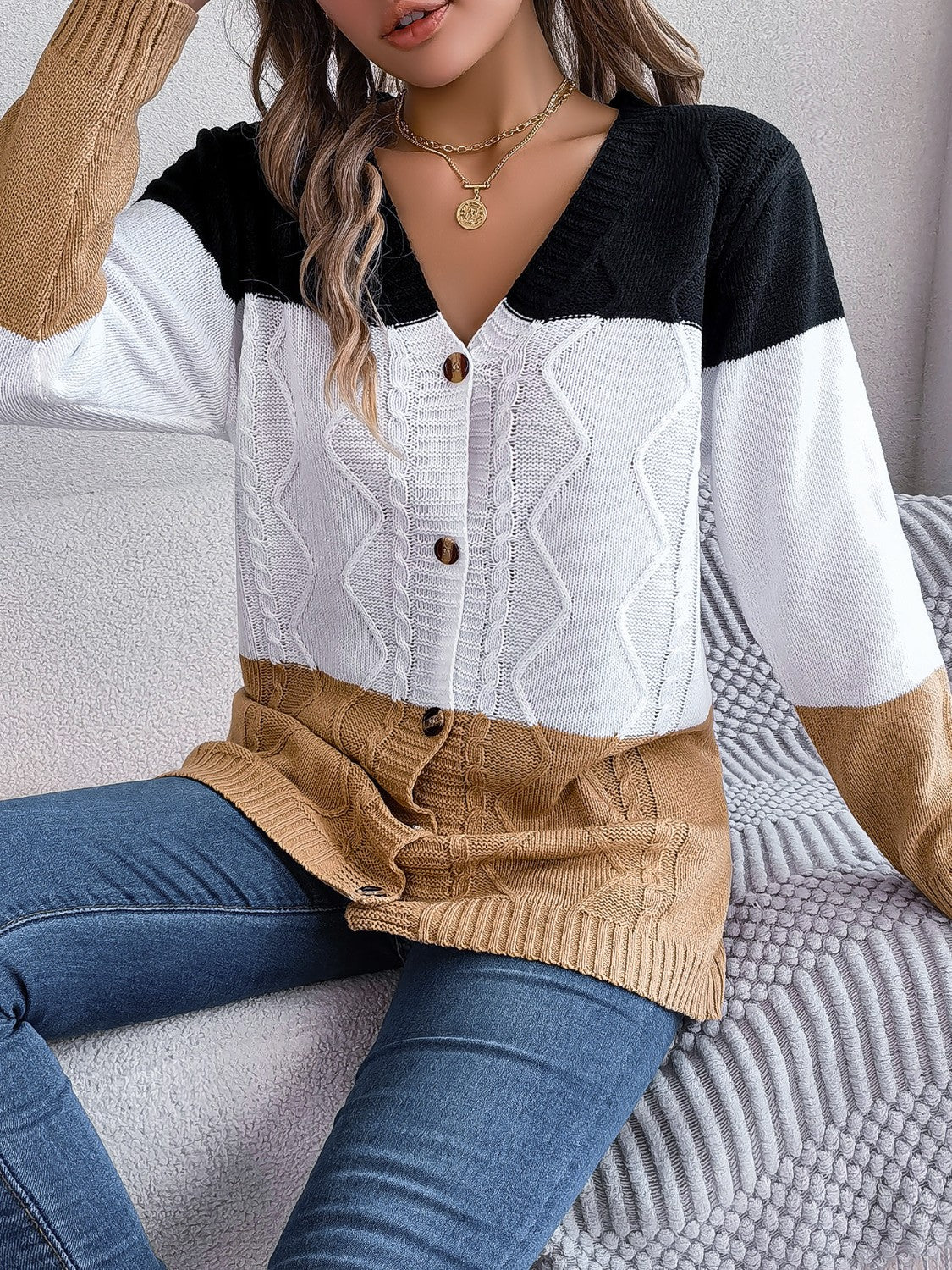 Cable-Knit Striped Button Up Cardigan-Angel Casuals