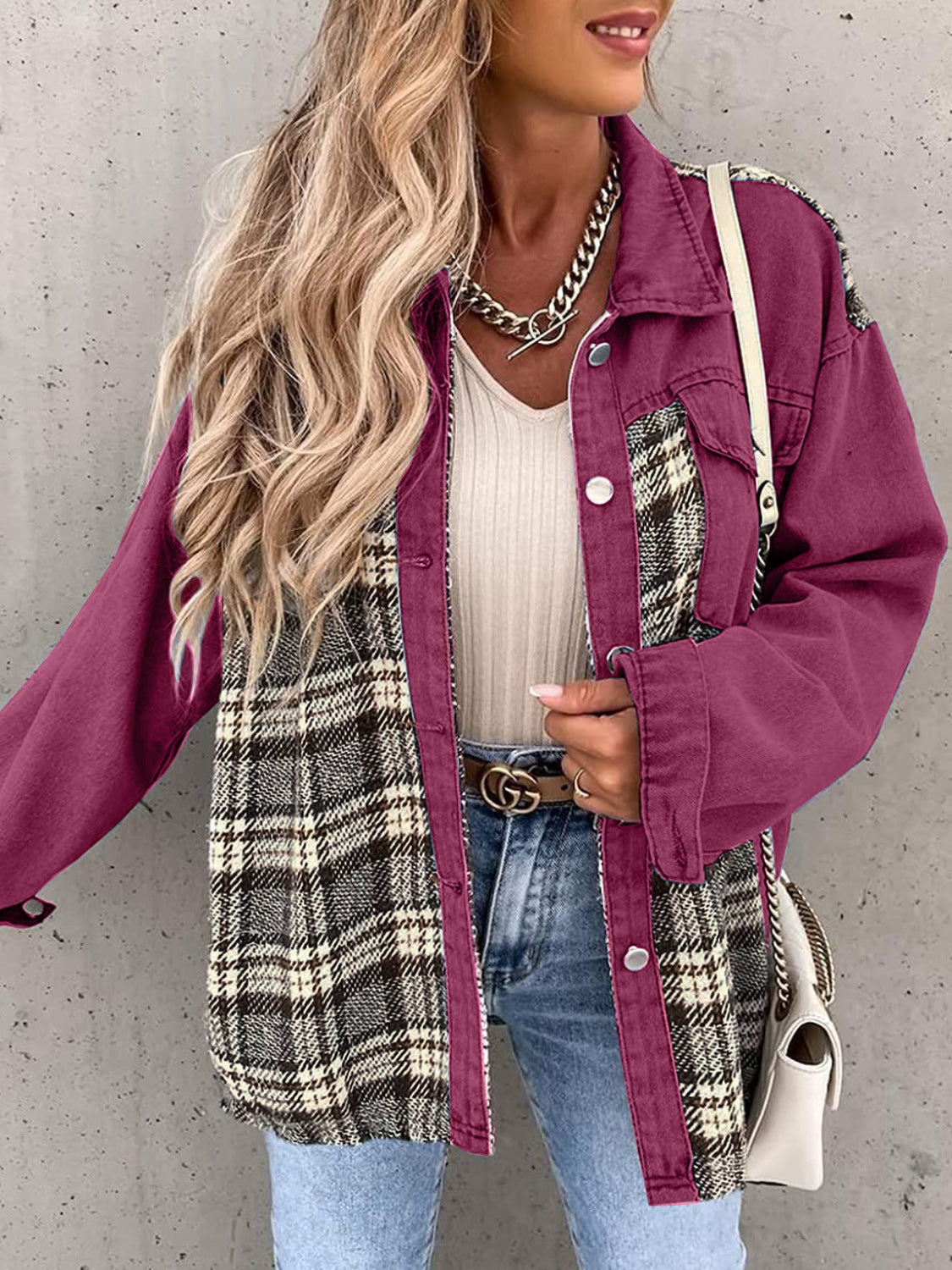 Plaid Button Up Dropped Shoulder Jacket-Angel Casuals