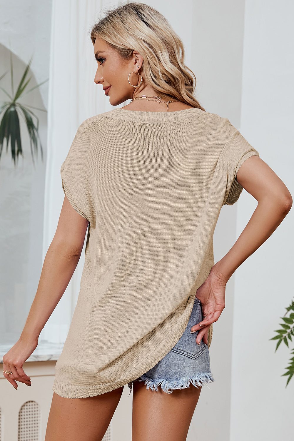 Color Block V-Neck Short Sleeve Knit Top-Angel Casuals