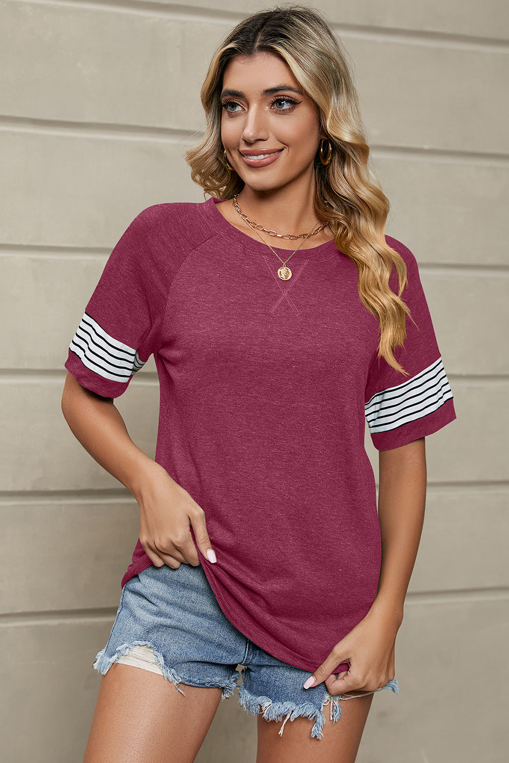 Striped Round Neck Short Sleeve T-Shirt-Angel Casuals