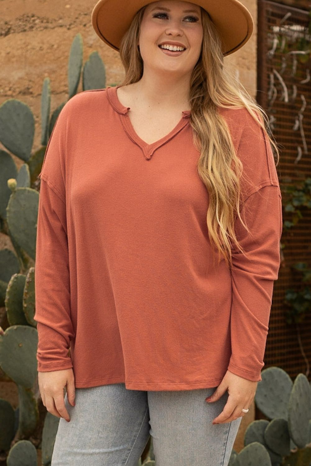 Plus Size Notched Long Sleeve T-Shirt-Angel Casuals