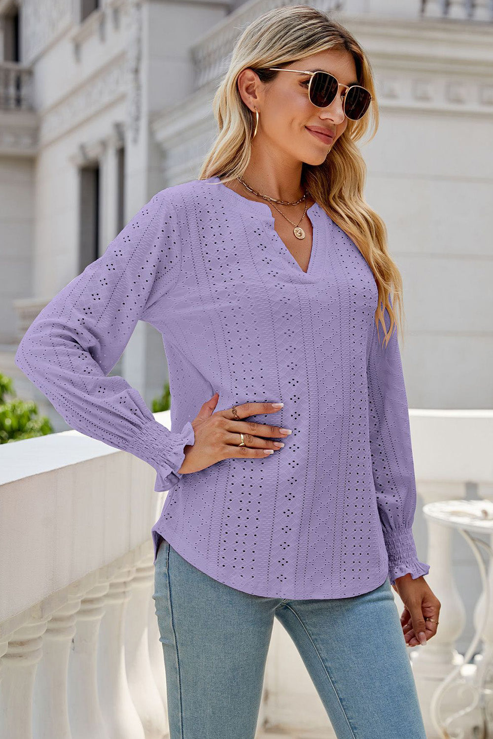 Eyelet Notched Lantern Sleeve T-Shirt-Angel Casuals