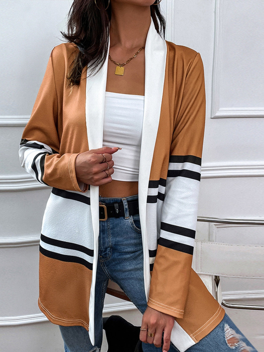 Shiny Color Block Open Front Cardigan-Angel Casuals