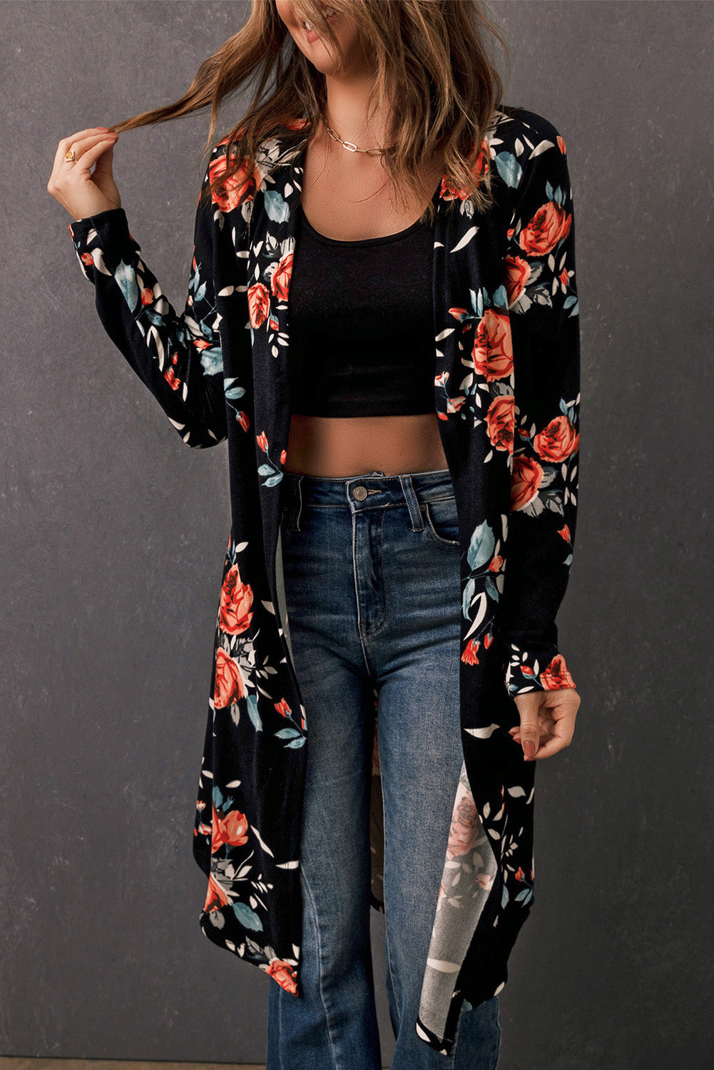 Double Take Printed Open Front Longline Cardigan-Angel Casuals