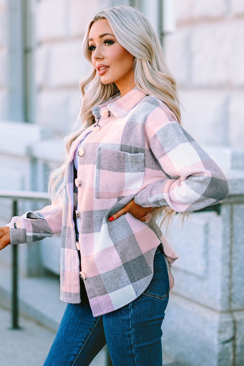 Plaid Button Up Dropped Shoulder Jacket-Angel Casuals