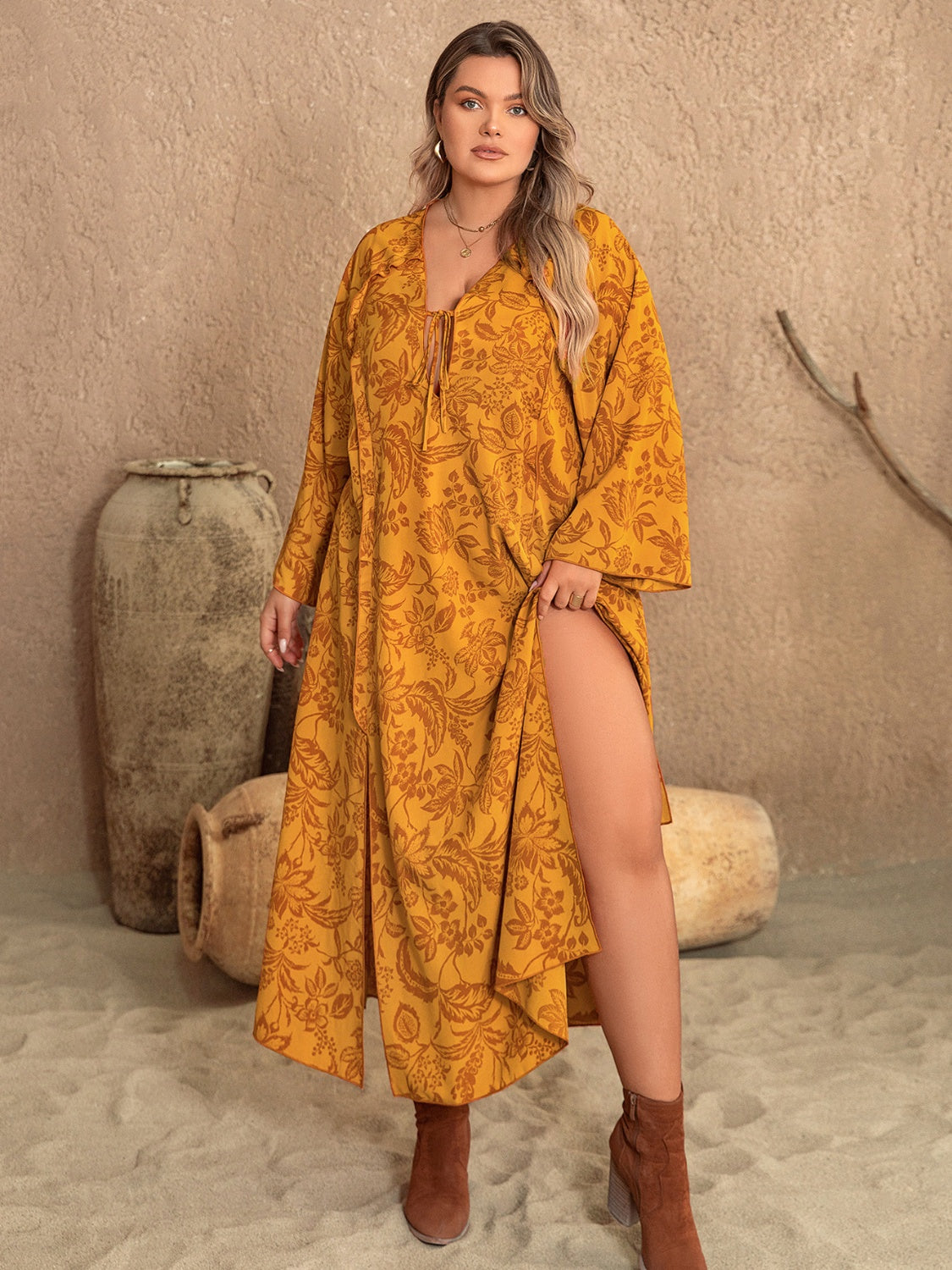 Plus Size Printed Slit Long Sleeve Dress-Angel Casuals