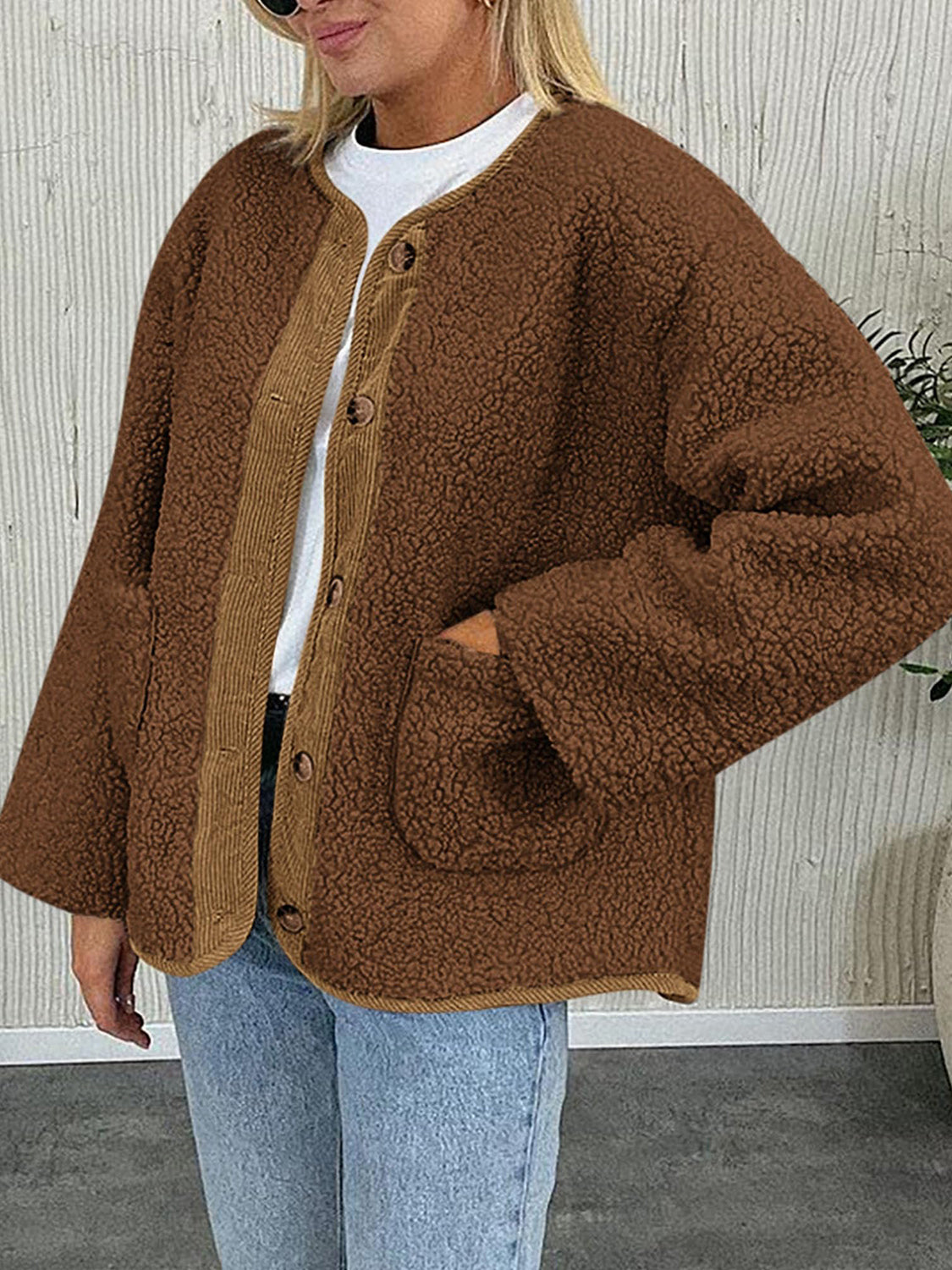 Contrast Button Up Sherpa Jacket with Pockets-Angel Casuals