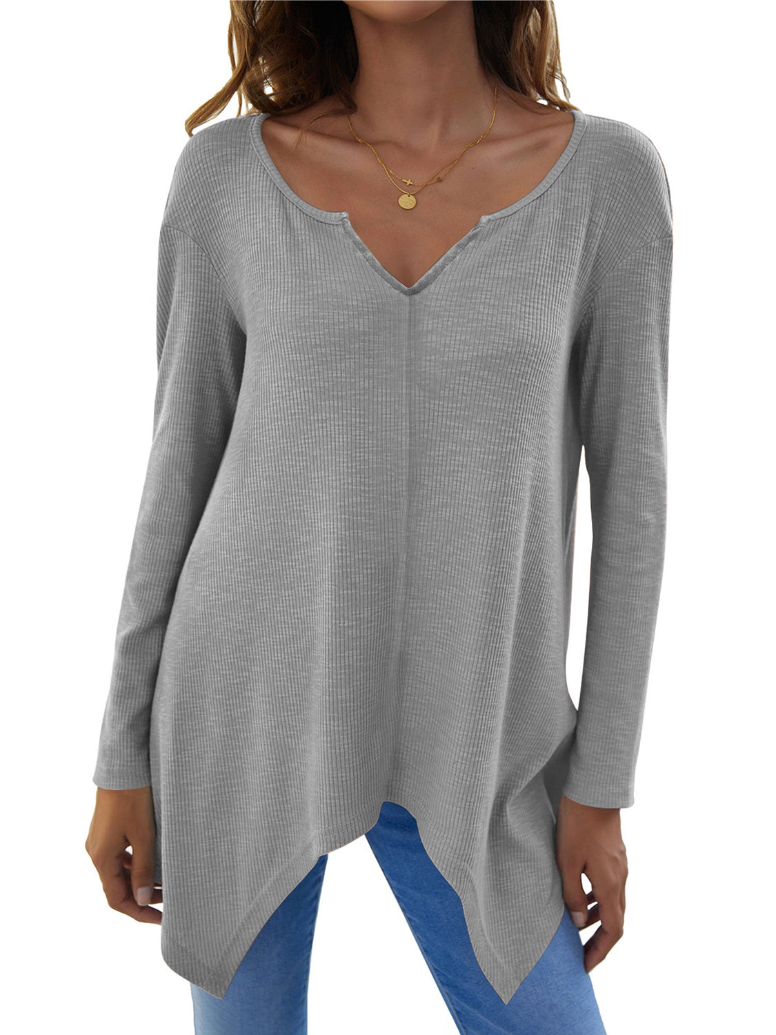 Full Size V-Neck Long Sleeve T-Shirt-Angel Casuals