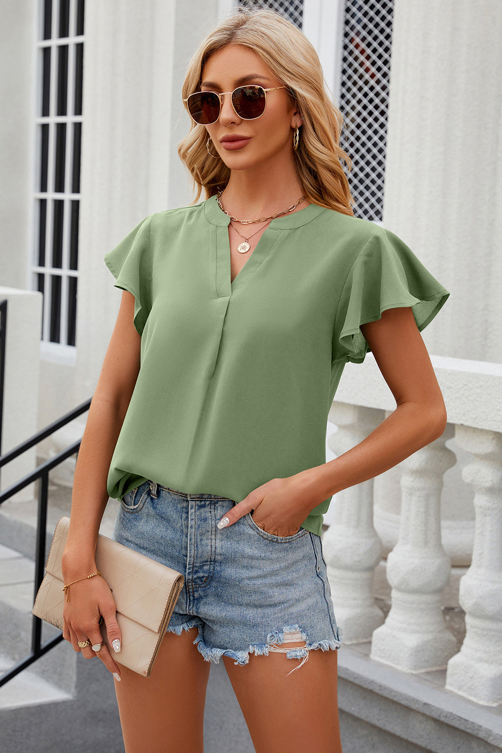Notched Cap Sleeve T-Shirt-Angel Casuals