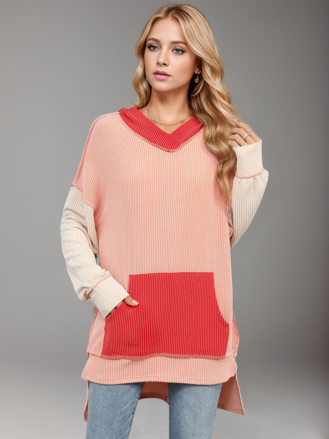 Double Take Contrast Hooded Long Sleeve Top-Angel Casuals