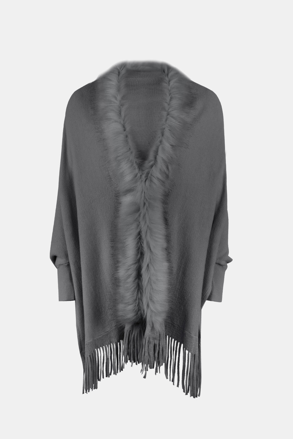 Fringe Open Front Long Sleeve Poncho-Angel Casuals