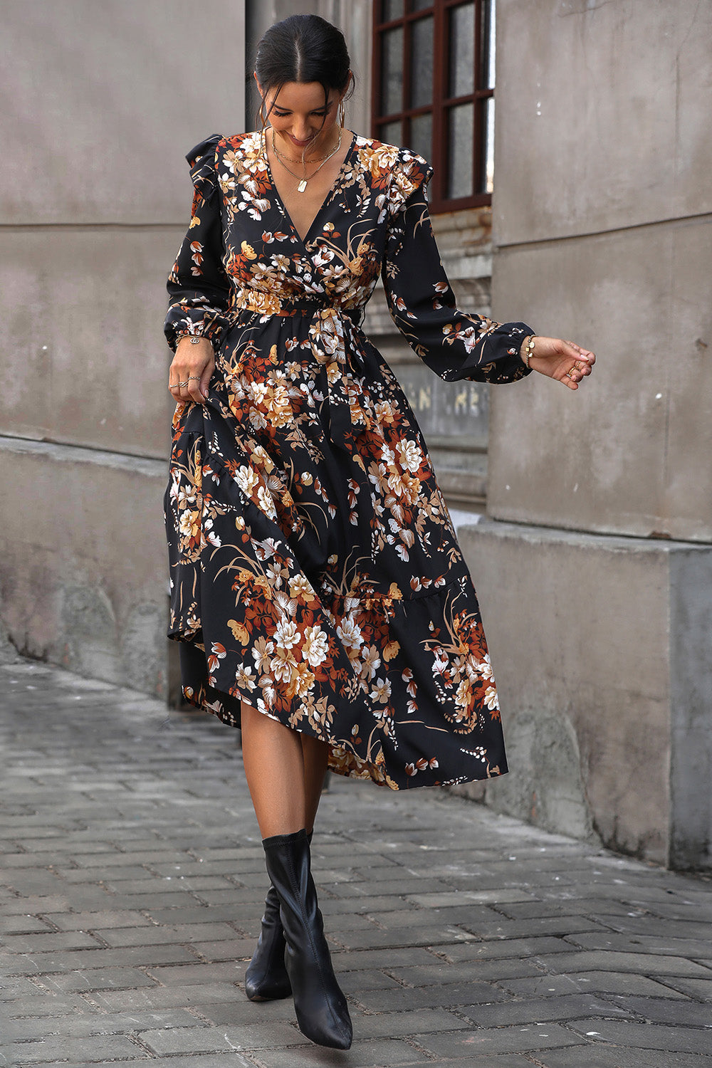 Floral Surplice Tie Front Ruffle Hem Midi Dress-Angel Casuals