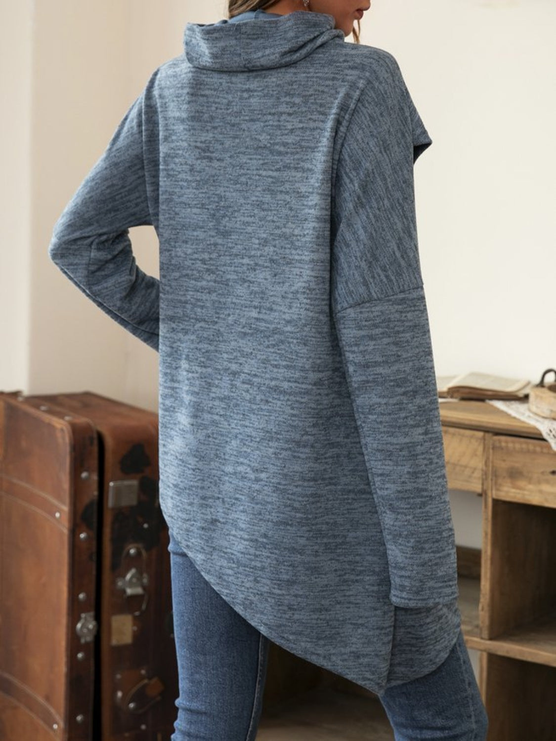 Asymmetrical Hem Cowl Neck Long Sleeve T-Shirt-Angel Casuals