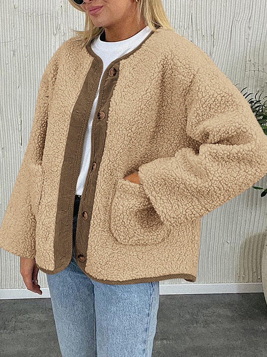 Contrast Button Up Sherpa Jacket with Pockets-Angel Casuals