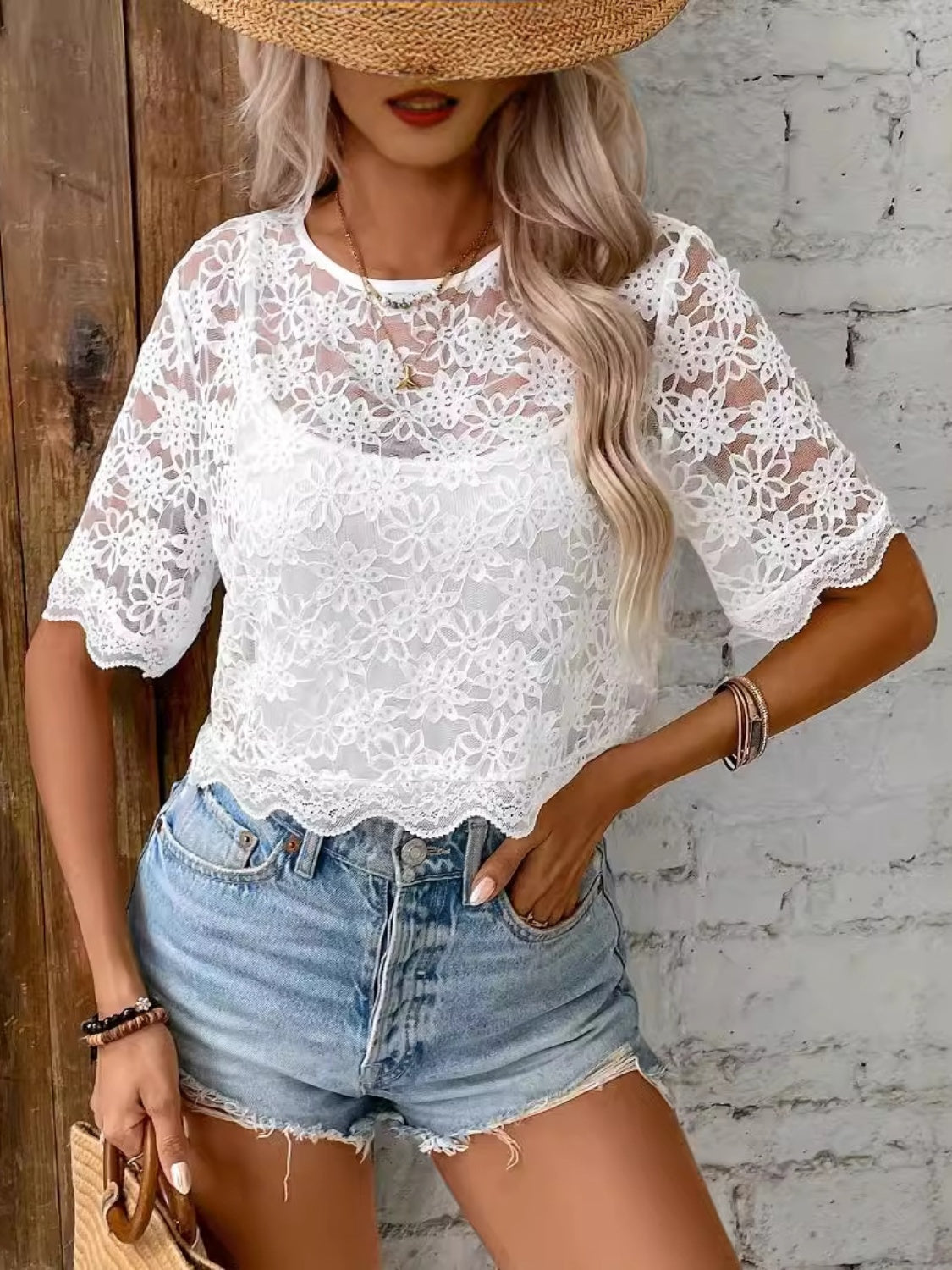 Flower Texture Round Neck Short Sleeve Top-Angel Casuals