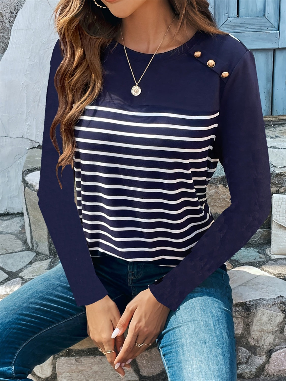 Decorative Button Striped Round Neck Long Sleeve T-Shirt-Angel Casuals