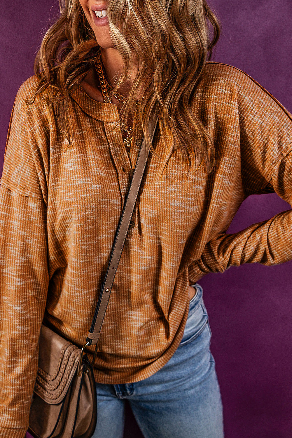 Half Button Dropped Shoulder Long Sleeve T-Shirt-Angel Casuals