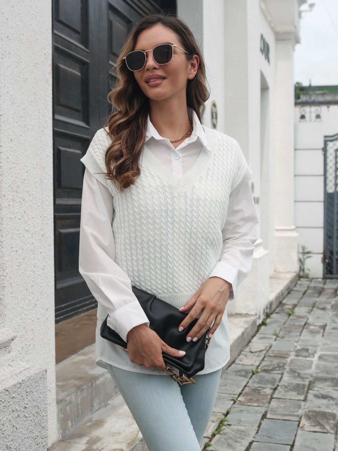 Cable-knit V-Neck Sweater Vest-Angel Casuals