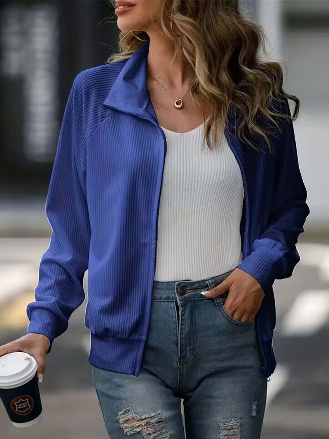 Zip Up Collared Neck Raglan Sleeve Jacket-Angel Casuals