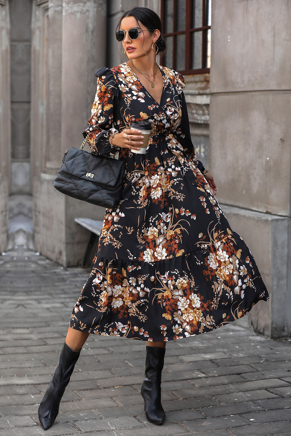 Floral Surplice Tie Front Ruffle Hem Midi Dress-Angel Casuals
