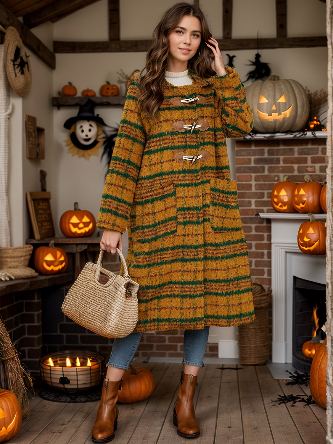 Plaid Long Sleeve Hooded Coat with Pockets-Angel Casuals