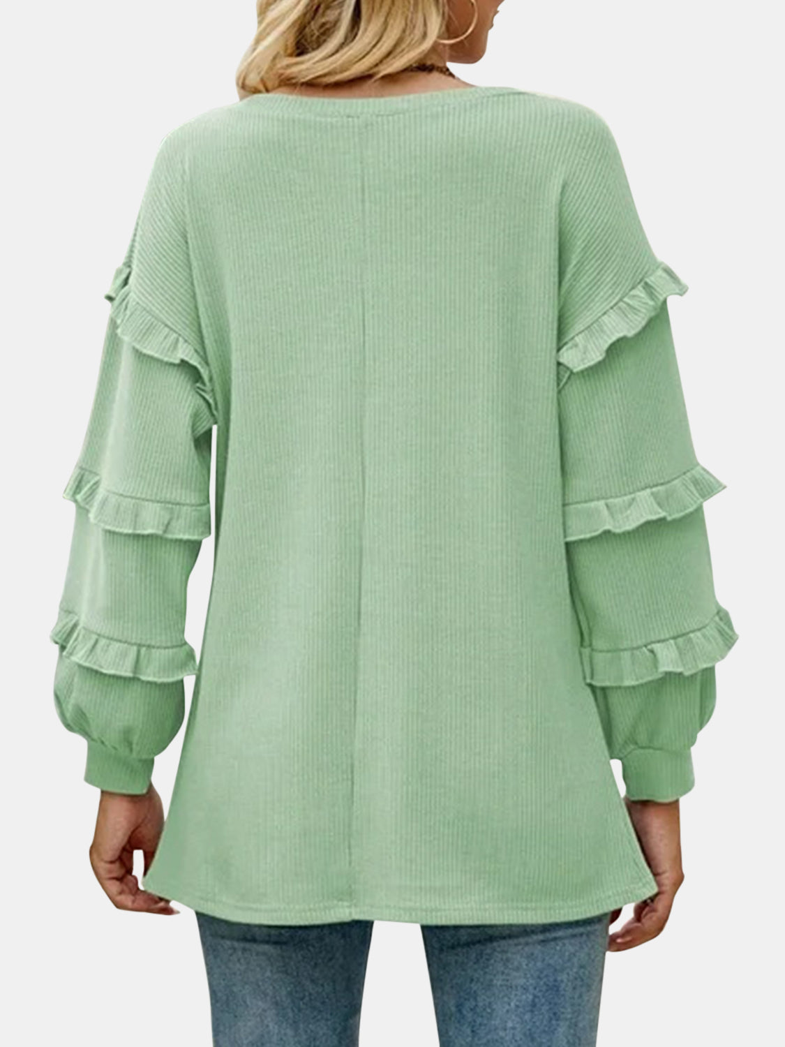 Ruffled V-Neck Long Sleeve T-Shirt-Angel Casuals