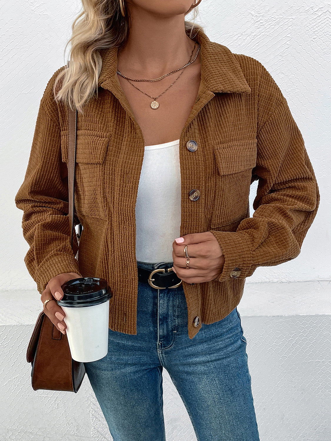 Perfee Collared Neck Button Front Jacket with Pockets-Angel Casuals