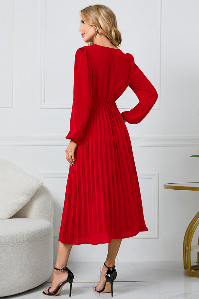 V-Neck Long Sleeve Tie Waist Midi Dress-Angel Casuals