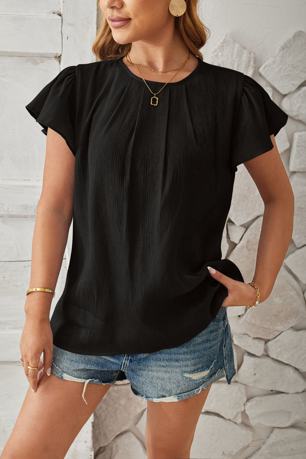 Round Neck Keyhole Cap Sleeve T-Shirt-Angel Casuals