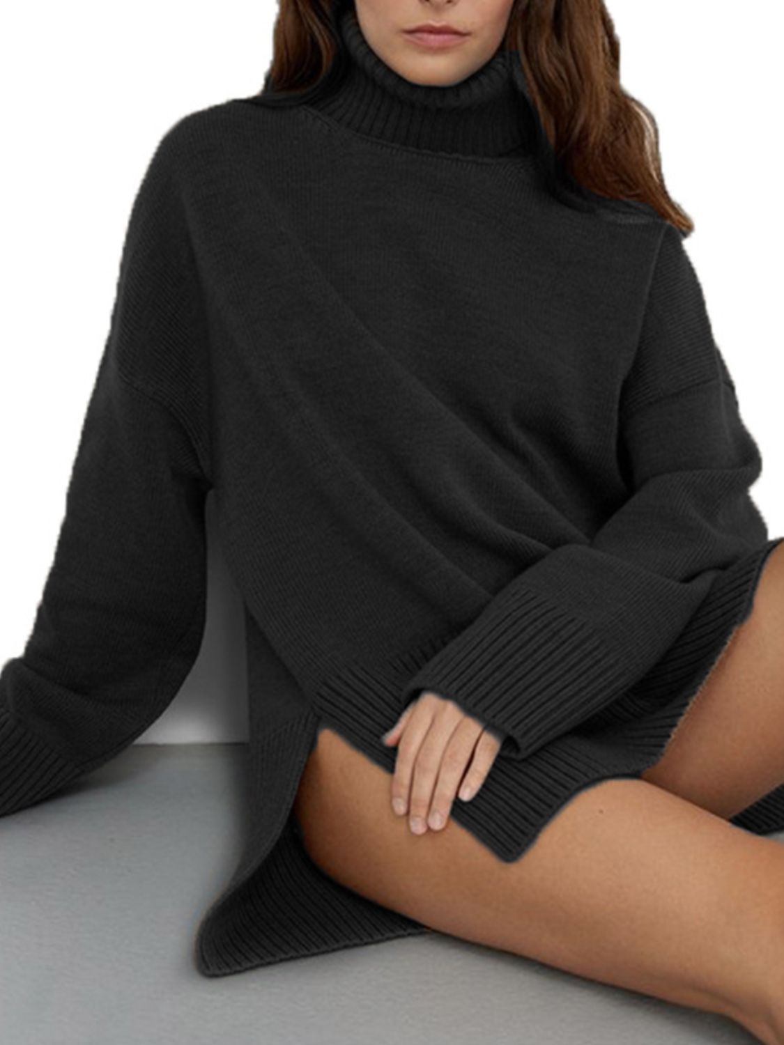 Side Slit Turtleneck Drop Shoulder Sweater-Angel Casuals