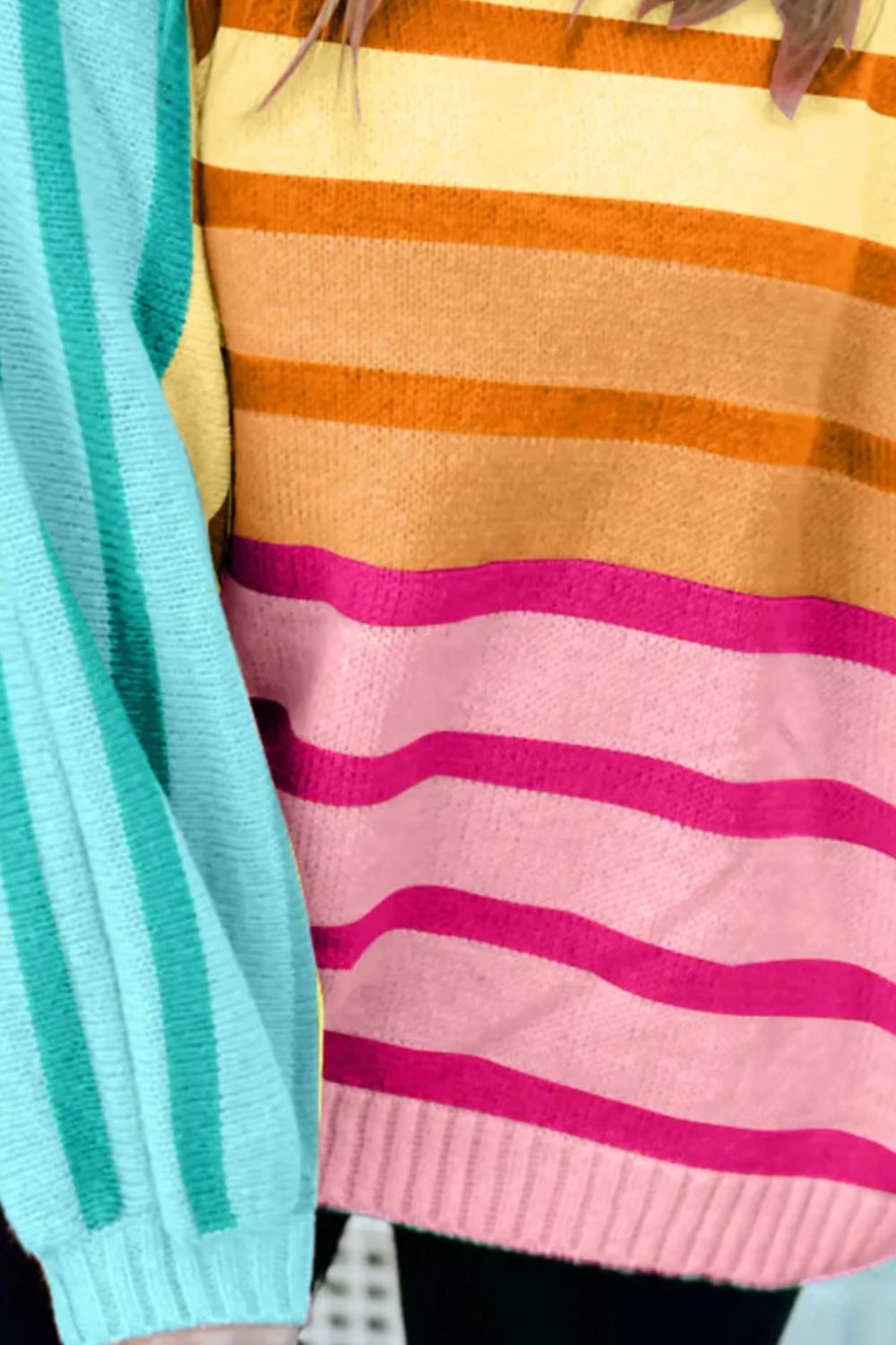 Contrast Striped Round Neck Long Sleeve Knit Top-Angel Casuals