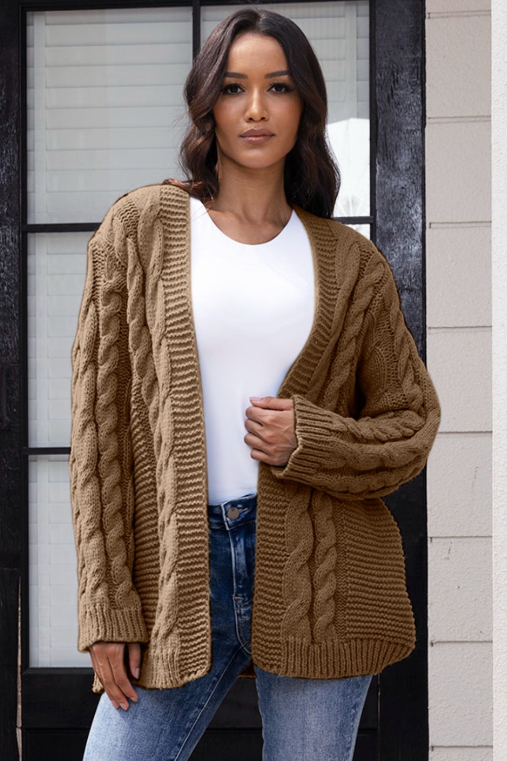 Open Front Cable-Knit Cardigan-Angel Casuals