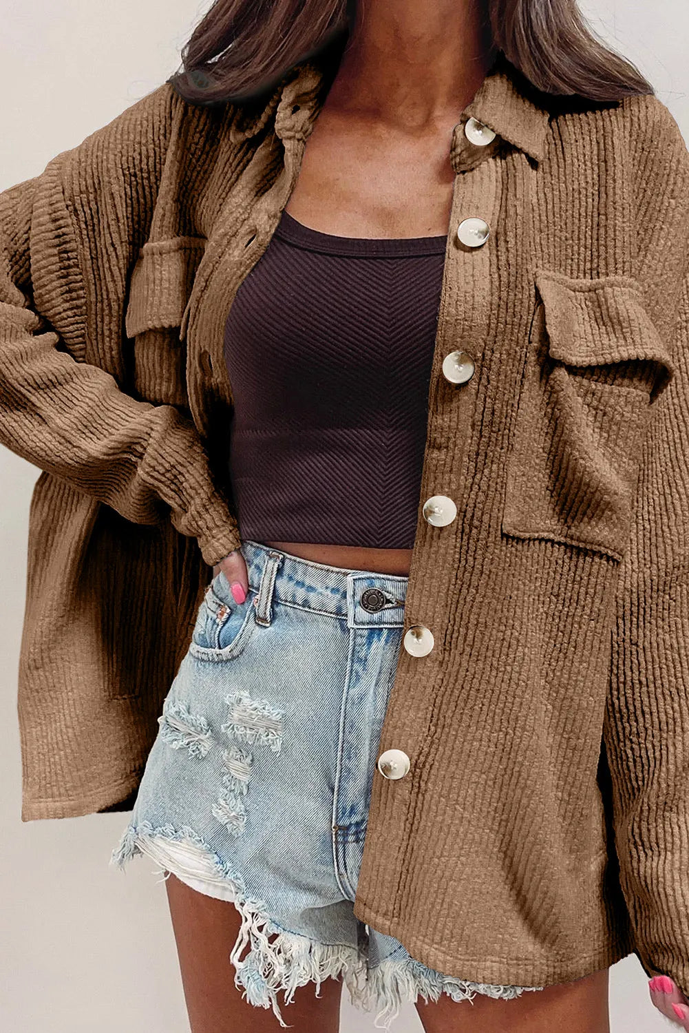 Button Up Long Sleeve Shacket-Angel Casuals