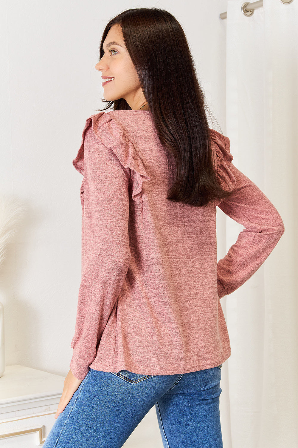 Double Take Square Neck Ruffle Shoulder Long Sleeve T-Shirt-Angel Casuals