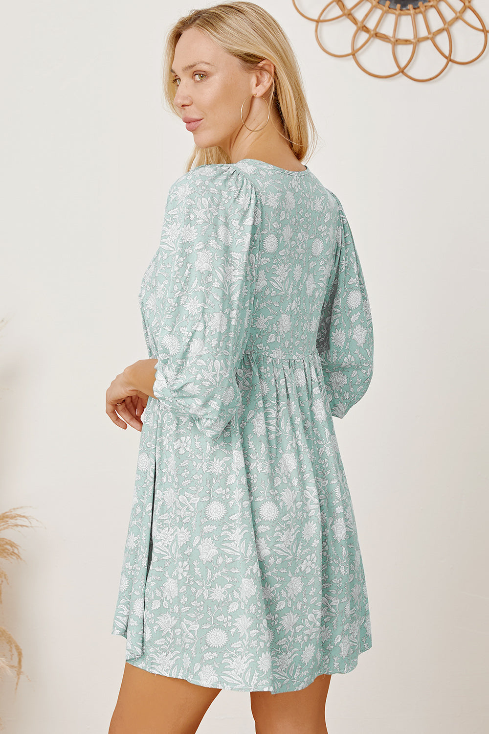 Floral Tie Neck Ruched Babydoll Dress-Angel Casuals