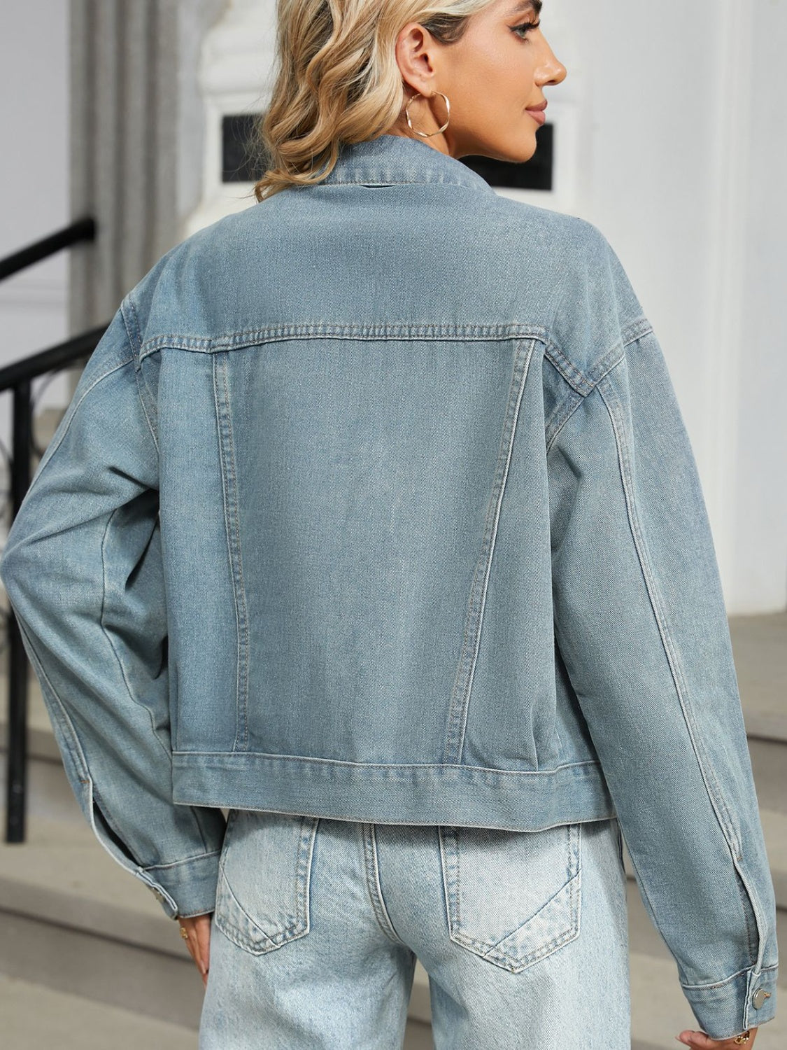 Rhinestone & Peal Trim Button Down Long Sleeve Denim Jacket-Angel Casuals