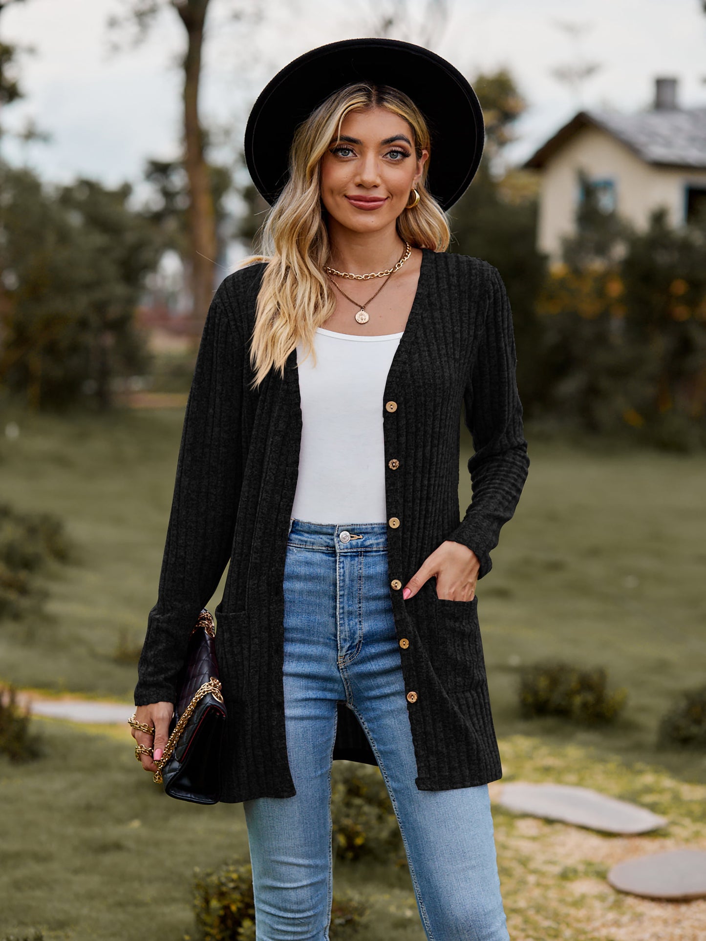 Ribbed Button-Up Cardigan with Pockets-Angel Casuals