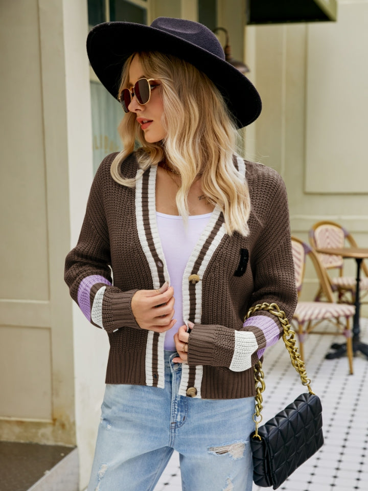 Contrast Button Up Dropped Shoulder Cardigan-Angel Casuals