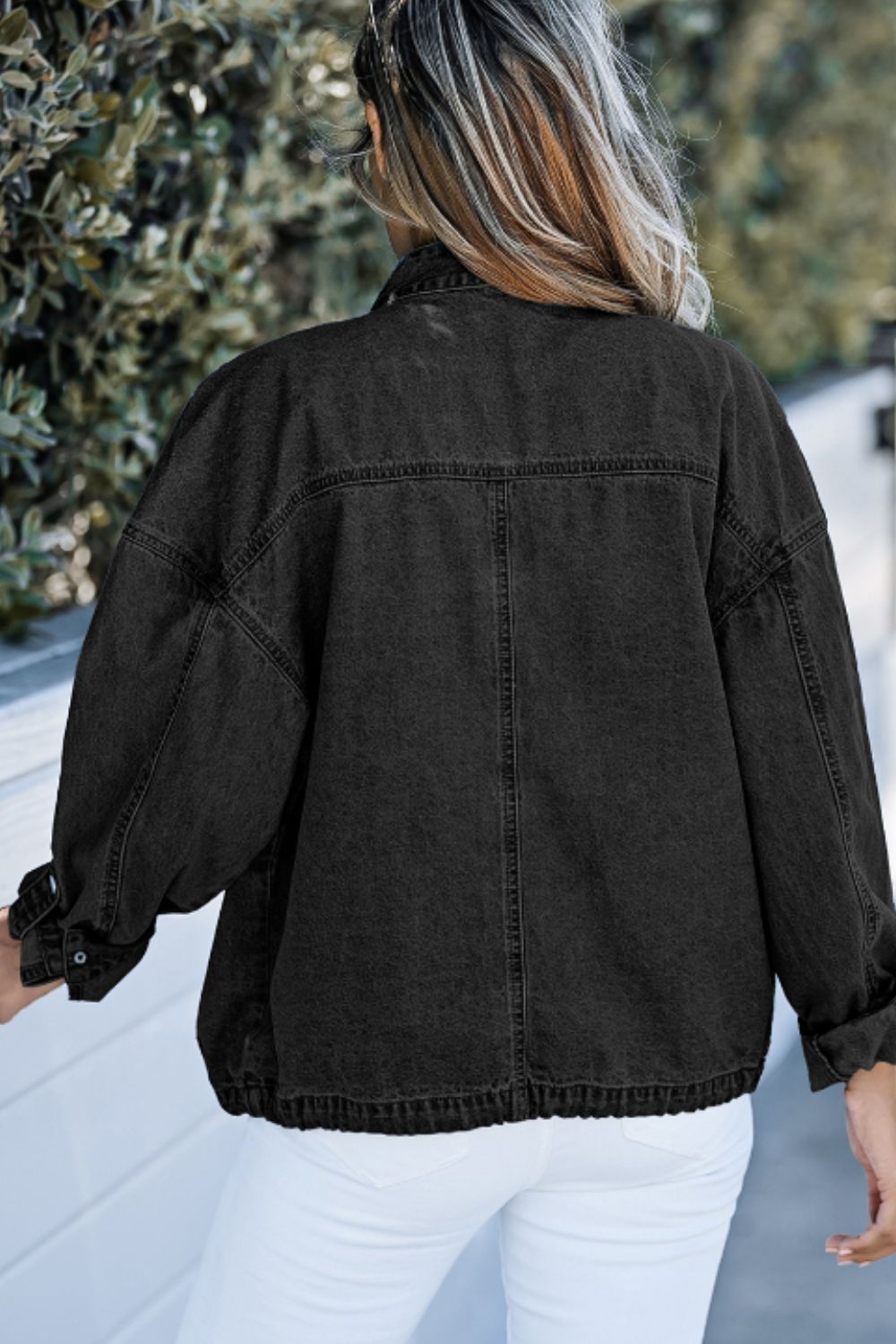 Drawstring Snap Down Denim Jacket with Chest Pockets-Angel Casuals