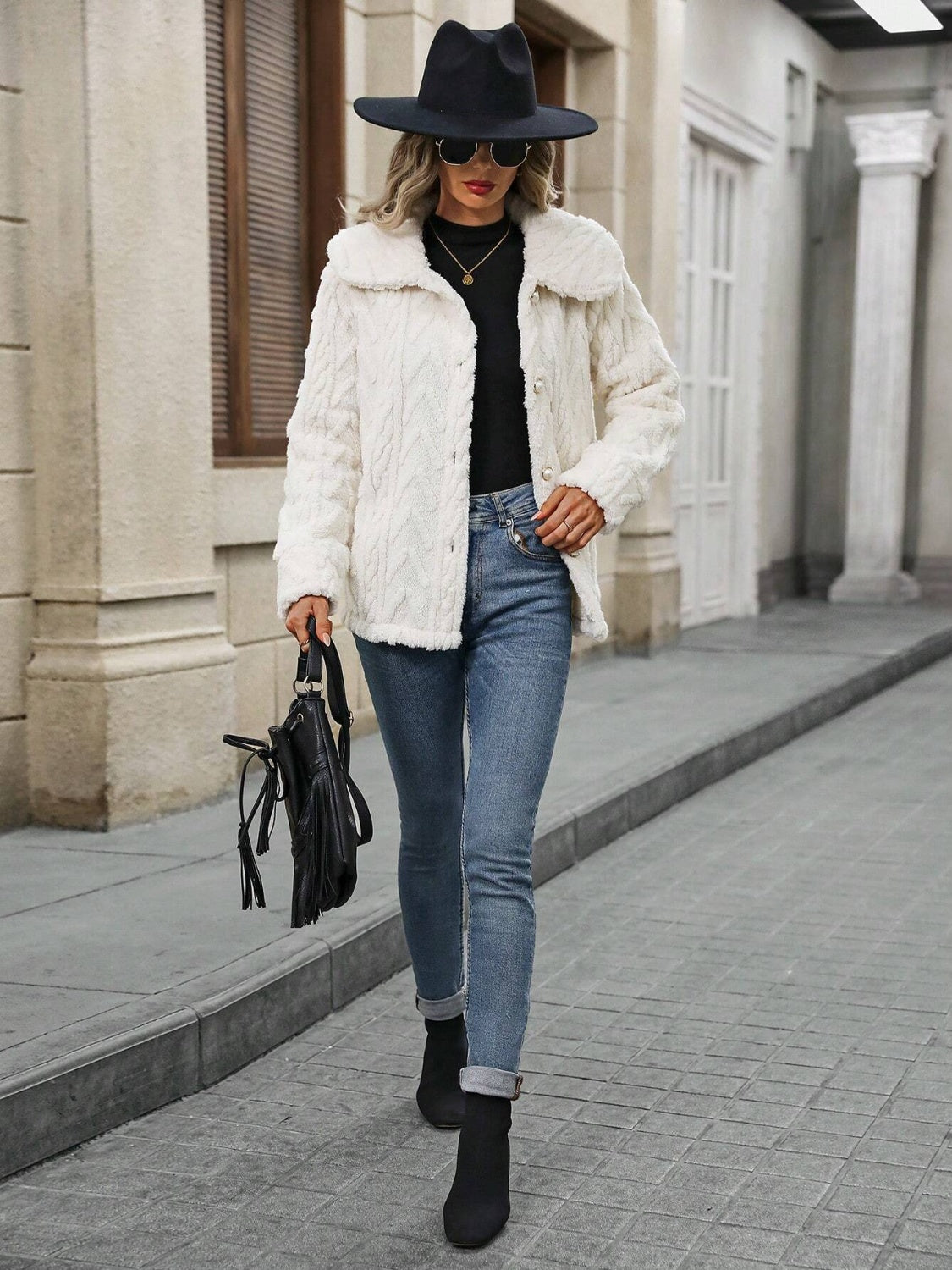Fuzzy Texture Button Up Collared Neck Coat-Angel Casuals