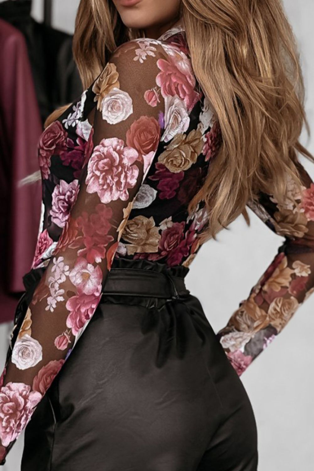 Floral Mock Neck Long Sleeve Mesh Top-Angel Casuals
