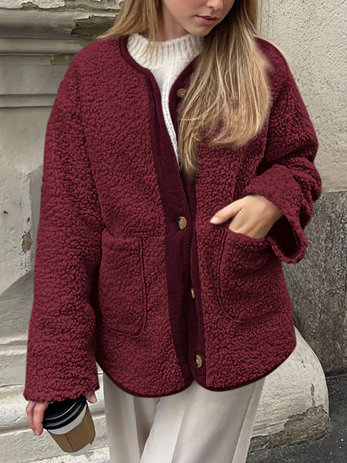 Contrast Button Up Sherpa Jacket with Pockets-Angel Casuals