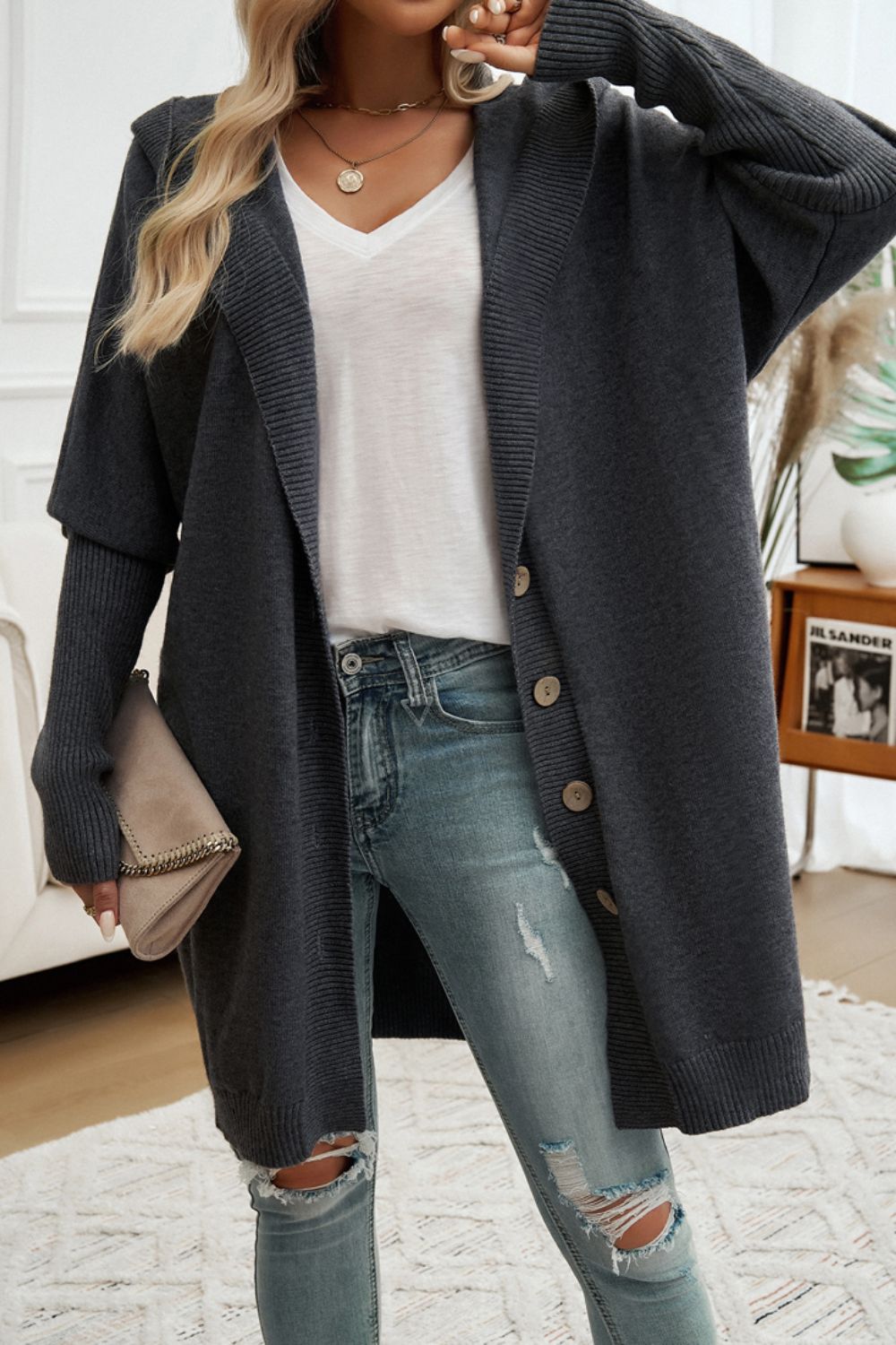 Devine Button Up Long Sleeve Hooded Cardigan-Angel Casuals